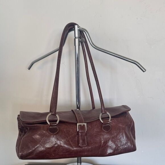 VINTAGE Helen Welsh Brown Leather Shoulder Handbag Silver-Tone Casual Baguette - Picture 1 of 12